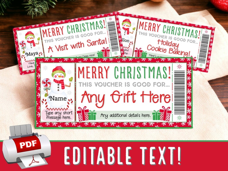 INSTANTLY EDIT Snowman Snowflakes Candy Cane Christmas Voucher Coupon Gift Certificate Ticket Girls Boys Printable pdf Template 26 image 1