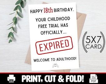 PRINTABLE Funny 18th Birthday Card | 5x7 Folded Card | Gift for Him or Her | Boy or Girl | Son | Eighteenth | PDF Instant Download and Print