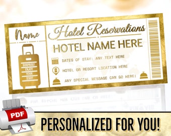 PERSONALIZED FOR YOU Gold Hotel Reservations Gift Certificate Voucher Coupon - Birthday Christmas Resort, Travel Printable pdf Template #5H