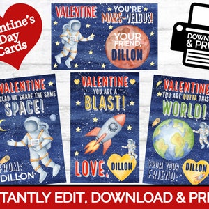Outer Space EDITABLE Personalized Watercolor Valentines Day Cards | Printable Template | Boys | Girls | Toddler Planets Astronaut Valentine