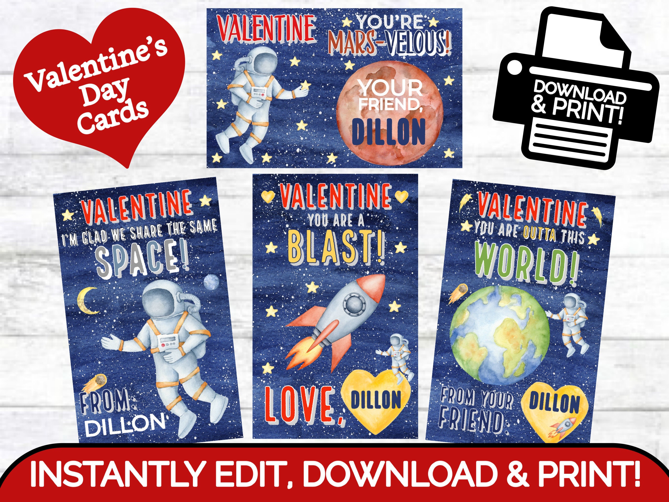 Astronaut Valentines Day Cards for Kids - Printable Classroom Cards –  CraftyKizzy