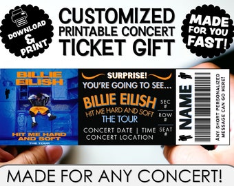 PERSONNALISÉ POUR VOUS Souvenir-cadeau de talon de billet de concert | Imprimer | PDF imprimable | façons d'offrir un concert | Anniversaire | Surprise | Billie