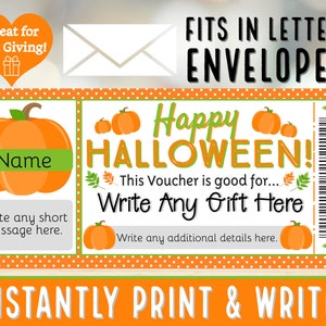 Könnte beinhalten: Druckbarer Halloween-Geschenkgutschein mit einem orangefarbenen Kürbisdesign. Der Gutschein lautet "Happy Halloween!" und "Dieser Gutschein ist gültig für... Schreiben Sie hier ein beliebiges Geschenk".