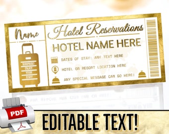 INSTANT EDITABLE Gold Hotel Gift Certificate Voucher Coupon - Reservations - Birthday Christmas - Resort, Travel Printable pdf Template #5H