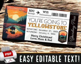 INSTANT EDITABLE Yellowstone Wyoming Plane Travel Boarding Pass Ticket Gift Souvenir | Surprise Christmas Vacation | Printable pdf Template