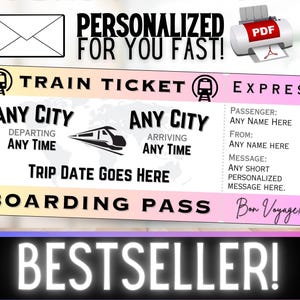 PERSONNALISÉ POUR VOUS Voyage en train, carte d'embarquement, billet cadeau souvenir | Bon cadeau d'idée d'anniversaire pour les vacances de Noël surprise | PDF imprimable