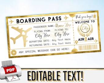 INSTANT EDITABLE Golden Boarding Pass Regalo de billete de avión - Vale de vuelo - Vacaciones sorpresa de Navidad de cumpleaños - Plantilla pdf imprimible #8P