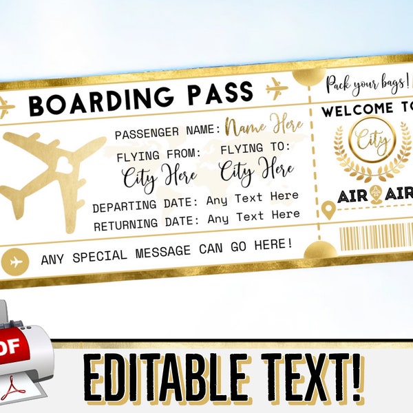 INSTANT EDITABLE Golden Boarding Pass Plane Ticket Gift - Flight Voucher - Birthday Christmas Surprise Vacation - Printable pdf Template #8P