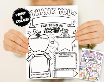 PRINTABLE Kids Coloring Thank You Card for Teachers | PDF Instant Download | Appreciation Week, Christmas, Birthday, End of School Year Gift