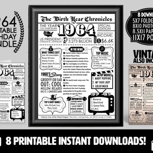 1964 印刷可能なヴィンテージ新聞、あなたが生まれた年、誕生日バンドル | カードプリントアウトポスターギフト、彼、彼女 | 1964 年に何が起こったか、パーティーデコレーション