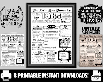 1964 PRINTABLE Vintage Newspaper Year You Were Born Birthday Bundle | Card Printout Poster Gifts Him Her | What Happened in 1964 Party Decor