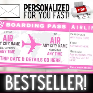 PERSONNALISÉ POUR VOUS Avion Vol Voyage Carte d'embarquement Billet cadeau | Bon cadeau d'idée d'anniversaire pour les vacances de Noël surprise | PDF imprimable