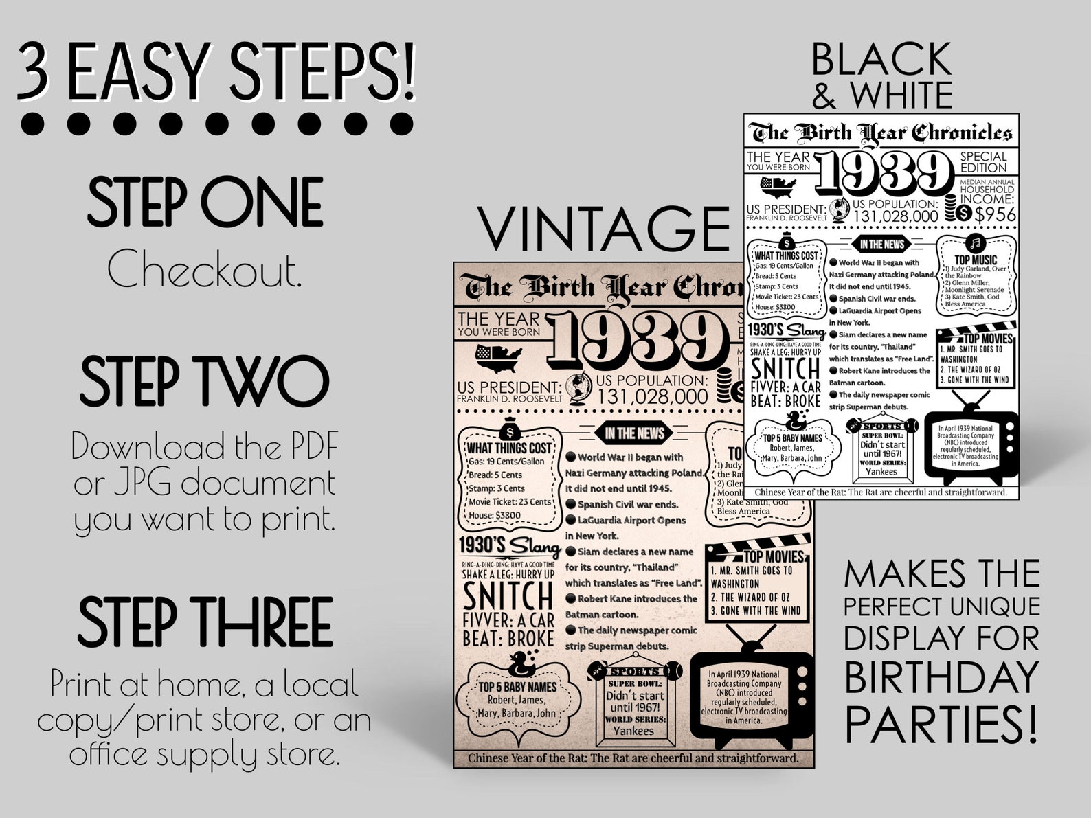 1939 PRINTABLE Vintage Newspaper Year You Were Born Birthday - Etsy