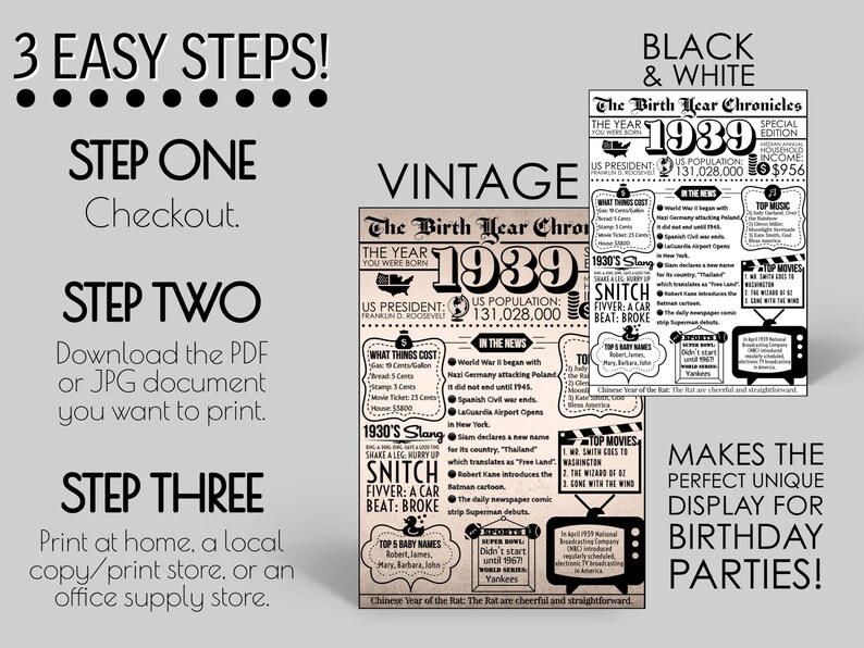 1939 PRINTABLE Vintage Newspaper Year You Were Born Birthday - Etsy