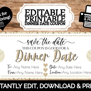 INSTANT EDITABLE Personalized Dinner Date Gift Certificate Coupon Voucher | Edit & Print Printable Template | Valentines Day Anniversary