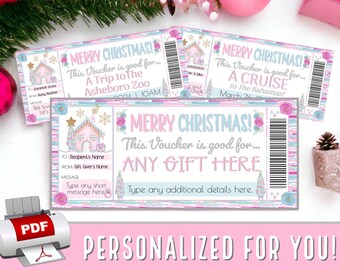 PERSONALISIERT FÜR SIE Rosa Weihnachts-Lebkuchenhaus-Geschenkgutschein Coupon Geschenkgutschein | Mädchen Weihnachtsmann Überraschung pdf Vorlage #17