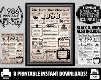 1986 PRINTABLE Vintage Newspaper Year You Were Born Birthday Bundle | Card Printout Poster Gifts Him Her | What Happened in 1986 Party Decor