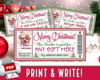Op de afbeelding: Afdrukbare kerstcadeau voucher-sjabloon met een cartoon van de kerstman en een rendier. De voucher zegt "Merry Christmas! Deze voucher is goed voor... ELK CADEAU HIER. Alle extra details hier."