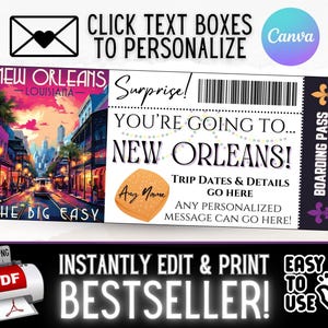 SOFORT BEARBEITEN Personalisierte New Orleans Reise Bordkarte Ticket Geschenk | Überraschung Weihnachten Urlaub Geburtstag Idee | Druckbare pdf