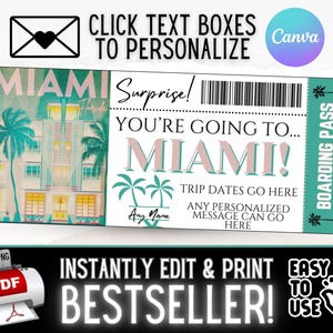 SOFORT BEARBEITEN Personalisierte Miami FL Reise Bordkarte Ticket Geschenk Souvenir | Überraschung Weihnachten Urlaub Geburtstag Idee | Druckbare pdf