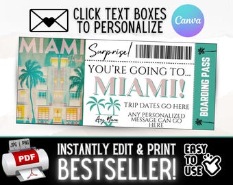 May include: Editable printable boarding pass with a teal and pink color scheme. The pass says "Surprise! You're going to Miami!" with a picture of an Art Deco building in Miami. The text boxes are editable to personalize the pass with trip dates and a message.
