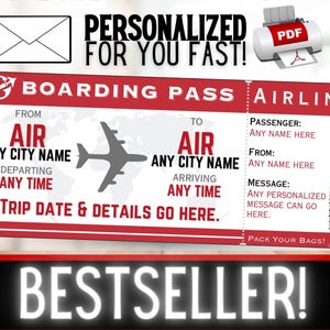 PERSONNALISÉ POUR VOUS Avion Vol Voyage Carte d'embarquement Billet cadeau | Bon cadeau d'idée d'anniversaire pour les vacances de Noël surprise | PDF imprimable