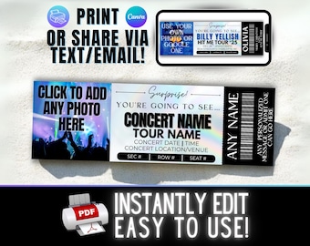 INSTANTLY EDIT Holographic Concert Ticket Stub | Printable Template | Personalized Birthday Graduation Christmas Gift Ideas | Print or Text!