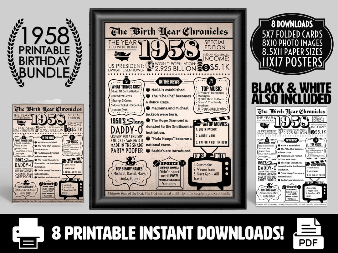 1958 PRINTABLE Vintage Newspaper Year You Were Born Birthday Bundle ...