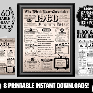 1960 PRINTABLE Vintage Newspaper Year You Were Born Birthday Bundle | Card Printout Poster Gifts Him Her | What Happened in 1960 Party Decor