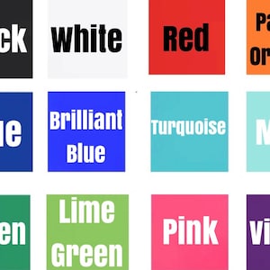 May include: A color chart with 12 different colors, including black, white, red, pastel orange, blue, brilliant blue, turquoise, mint, green, lime green, pink, and violet.