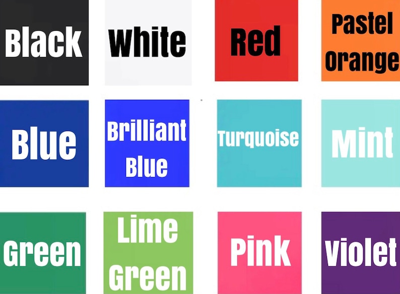 May include: A color chart with 12 different colors, including black, white, red, pastel orange, blue, brilliant blue, turquoise, mint, green, lime green, pink, and violet.