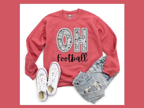 Ohio State football bling t-shirt, OH faux glitter faux sequins faux embroidery, OH State shirt for her, OH State fan gift, Ohio sweatshirt