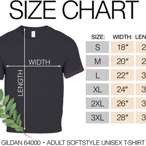 Może przedstawiać: Tabela rozmiar&oacute;w dla koszulki unisex Gildan 64000 w stylu softstyle dla dorosłych. Tabela pokazuje szerokość i długość w calach dla rozmiar&oacute;w S, M, L, XL, 2XL i 3XL.