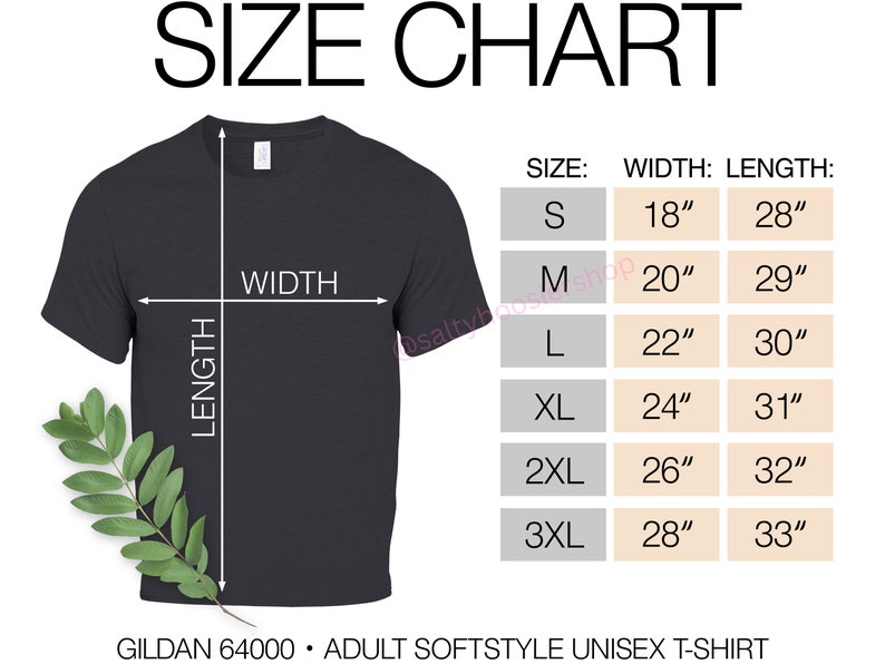 Może przedstawiać: Tabela rozmiar&oacute;w dla koszulki unisex Gildan 64000 w stylu softstyle dla dorosłych. Tabela pokazuje szerokość i długość w calach dla rozmiar&oacute;w S, M, L, XL, 2XL i 3XL.