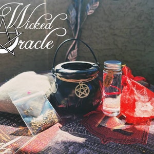 May include: An assortment of mystical items, including a black cauldron with a pentagram charm, a small glass bottle labeled "Moon Water", a red mesh bag, and a small bag of seeds. The text "The Wicked Oracle" is at the top.