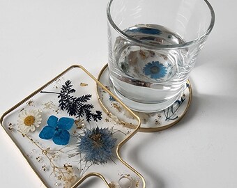Blue Pressed Flower Coasters | Blue Floral Coaster Set of 2 | Dried Flower Coasters | Clear Resin Coasters made with real dried flowers