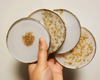 White and Gold Leaf Resin Coasters | Resin Coaster Set of 4 | White Resin Coasters | Round Coasters Edged in Antique Gold