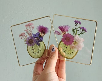 Pressed Flower Coasters | Floral Resin Coaster Set of 2 | Flower Resin Coasters | Fruit Coasters | Made with real dried flowers and fruit
