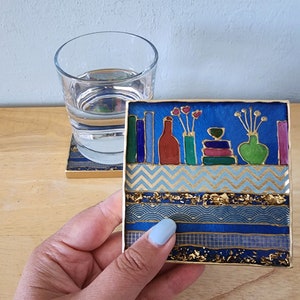 Book Coasters | Resin Washi Tape Coasters | Blue Resin Coaster Set of 2 | Hand Painted Coasters with Washi Tape | Book Lovers Gift