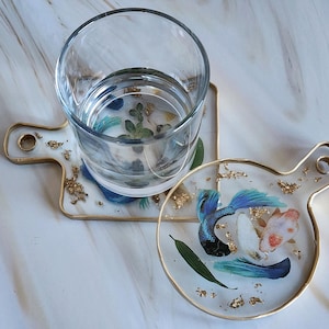 Japanese-inspired Koi Fish Resin Coasters | Set of 2 Coffee Table Surface Protectors | Clear Coaster |  Goldfish Art for Pet Lovers | Nature
