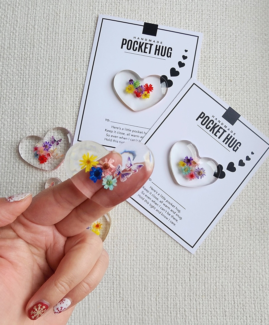 Pressed Flower Resin Pocket Heart and Pocket Hug Resin Pocket Hearts