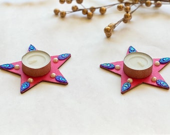 Star Tea light Candle Holder Set Wood, Star Boho Tea Lights, Indian tea light holders, Diwali Gift for Mom/ Wife, Housewarming Gift