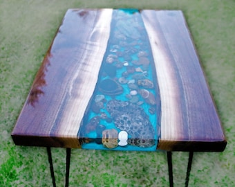 Live Edge Epoxy Resin River Table/ Michigan Petoskey table/ Great lakes