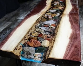 Epoxy River rock table/ live edge furniture/ Petoskey, agate, pudding stone, table
