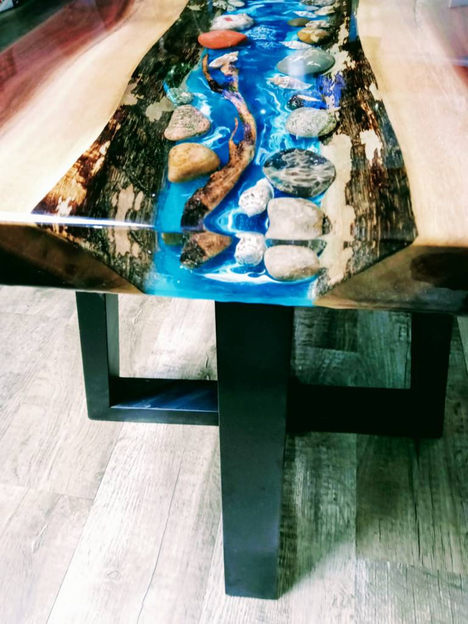 Epoxy Resin Beach/ Ocean Themed Petoskey Stone Side Table Pudding Stone