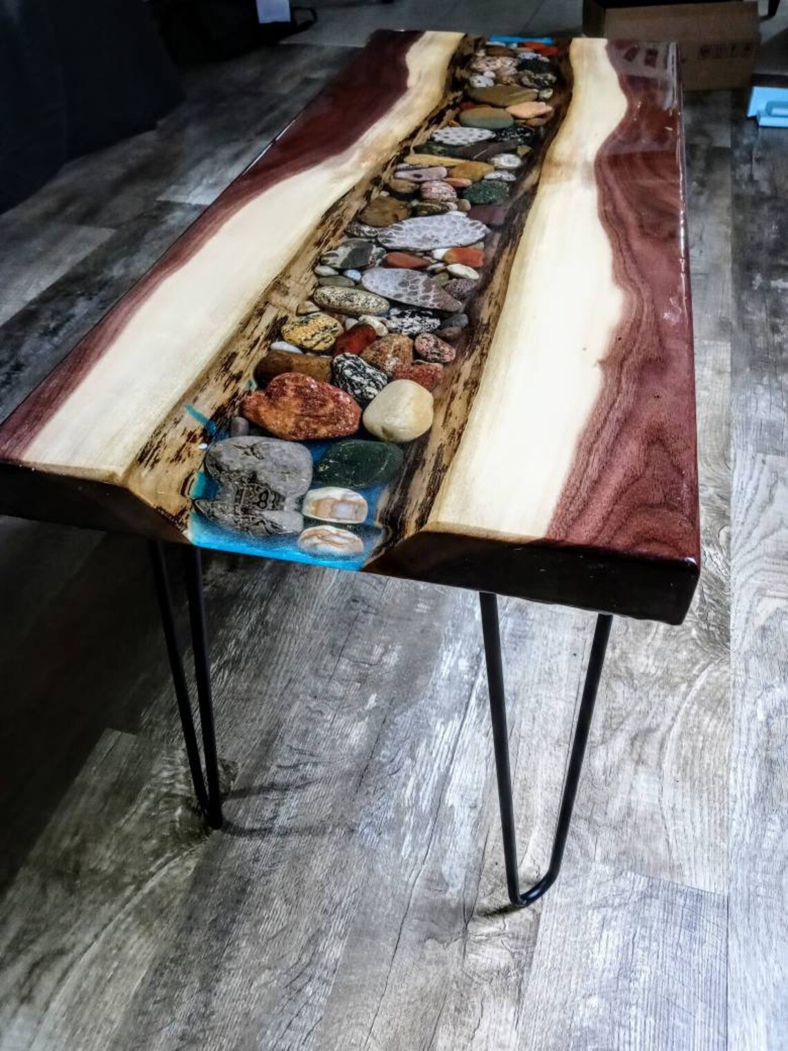 Epoxy River Rock Table/ Live Edge Furniture/ Petoskey Agate Etsy