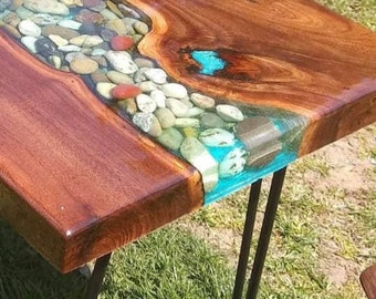 Live edge Petoskey Stone river table/ custom orders available /colors/ stones/ wood / great lakes michigan