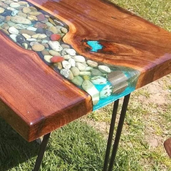 Live edge Petoskey Stone river table/ custom orders available /colors/ stones/ wood / great lakes michigan