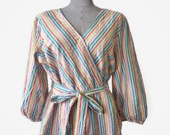 Vintage 90s Y2K St. John’s Bay Pastel Rainbow Seersucker Faux Wrap Peplum Blouse