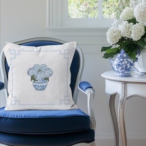 Hydrangea Chinoiserie Cushion Cover, Blue Hydrangea in Chinoiserie Pot Throw Pillow Cover, Grandmillennial Pillow, Scatter Cushion
